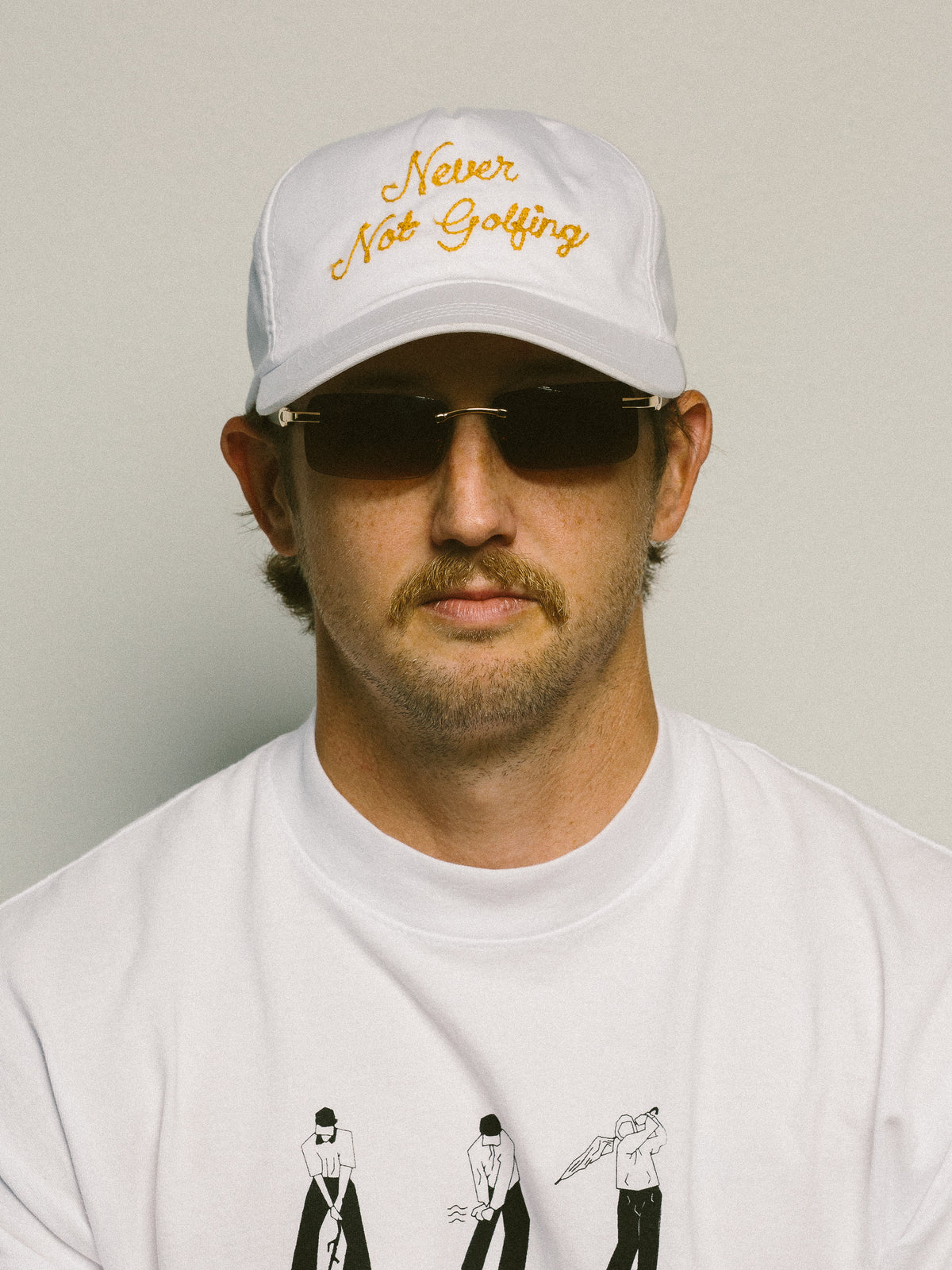 Never Not Golfing Hat — Gold Chainstitch Embroidered 5-Panel