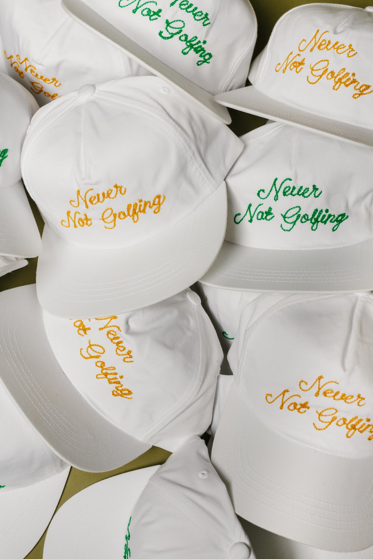 Never Not Golfing Hat — Gold Chainstitch Embroidered 5-Panel