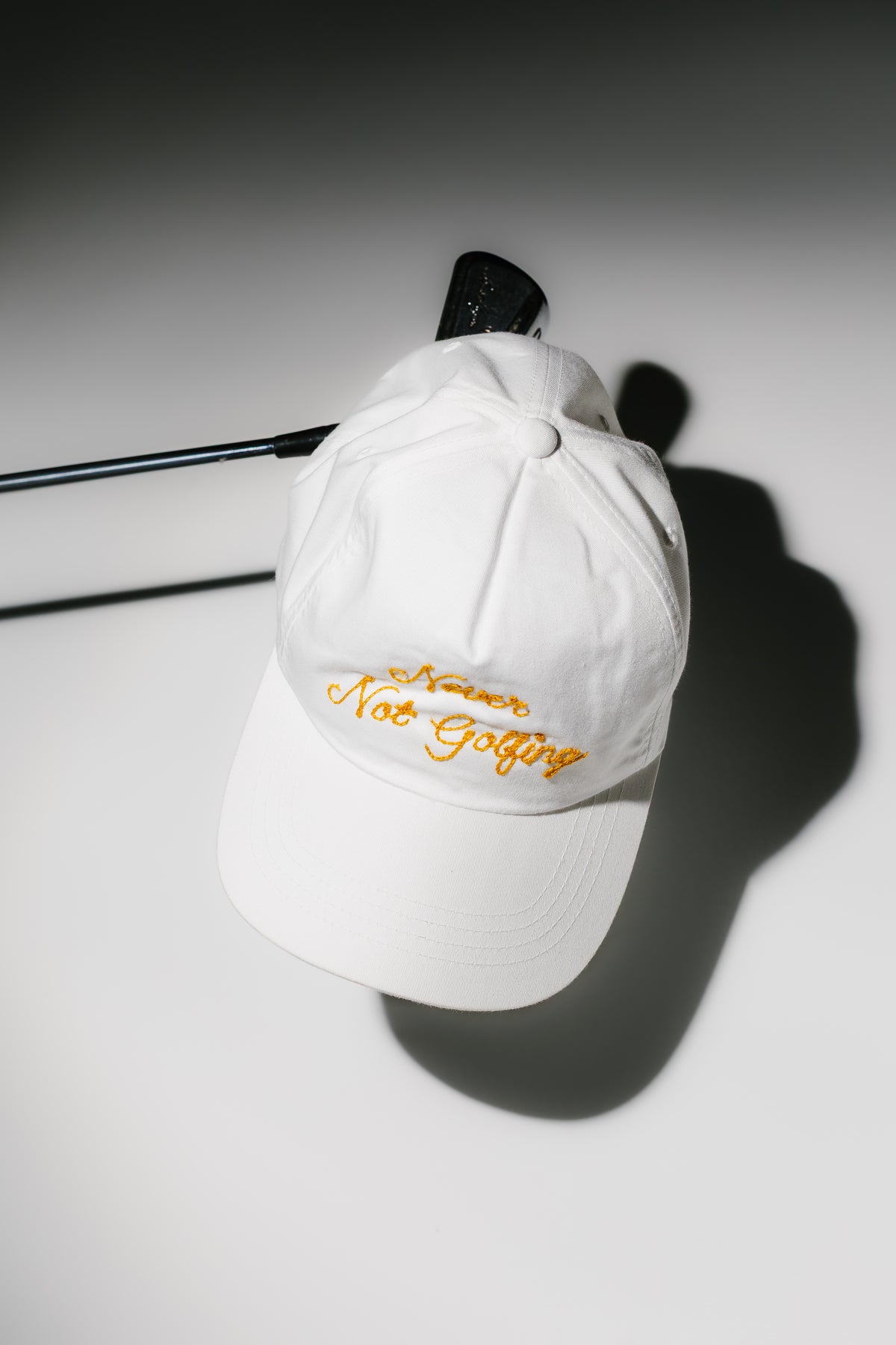 Never Not Golfing Hat — Gold Chainstitch Embroidered 5-Panel