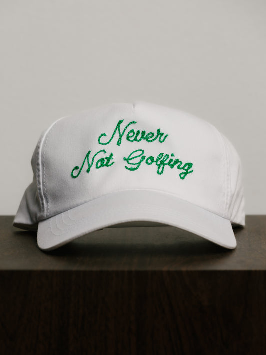 Never Not Golfing Hat — Green Chainstitch Embroidered 5-Panel