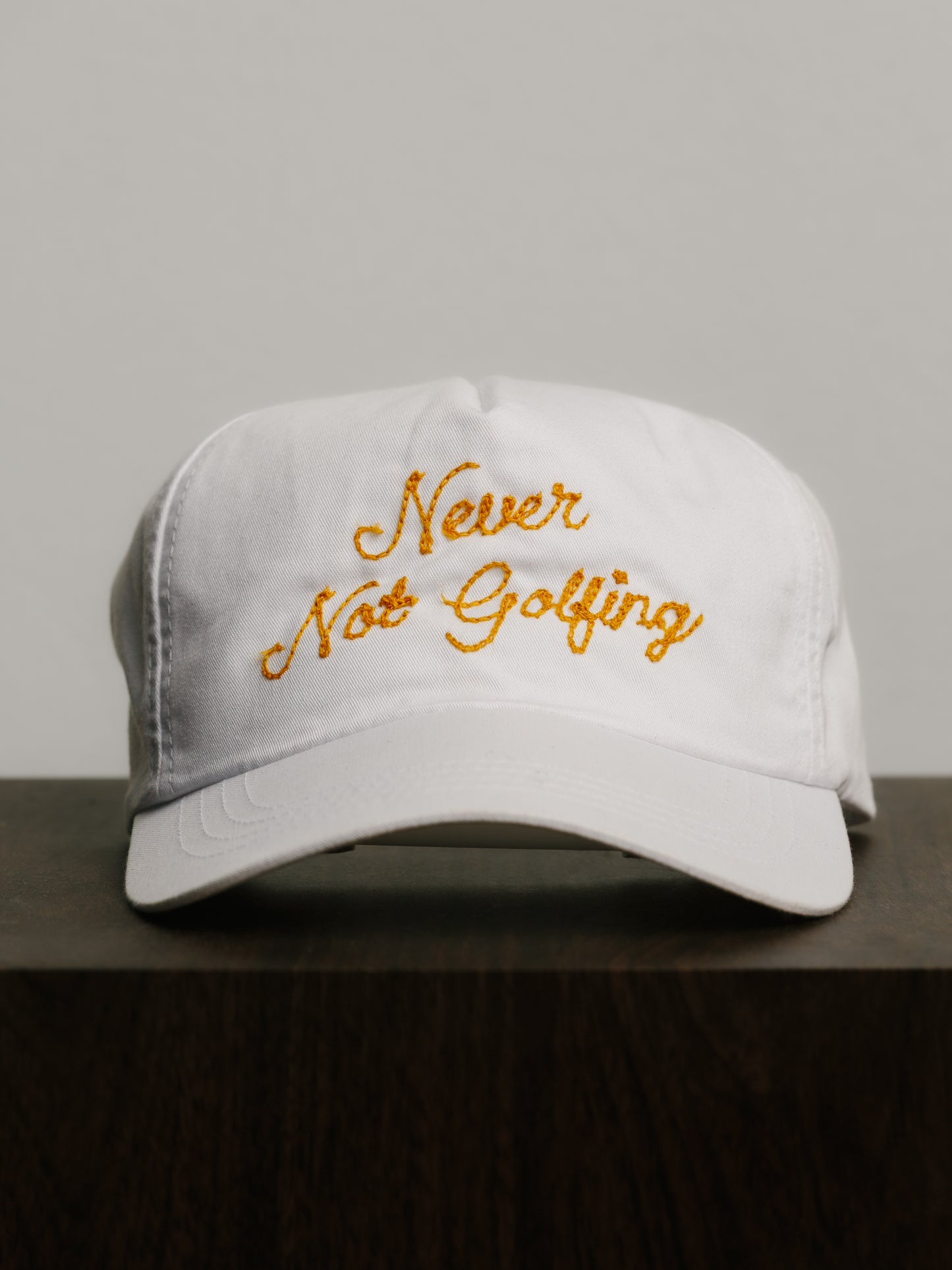 Never Not Golfing Hat — Gold Chainstitch Embroidered 5-Panel
