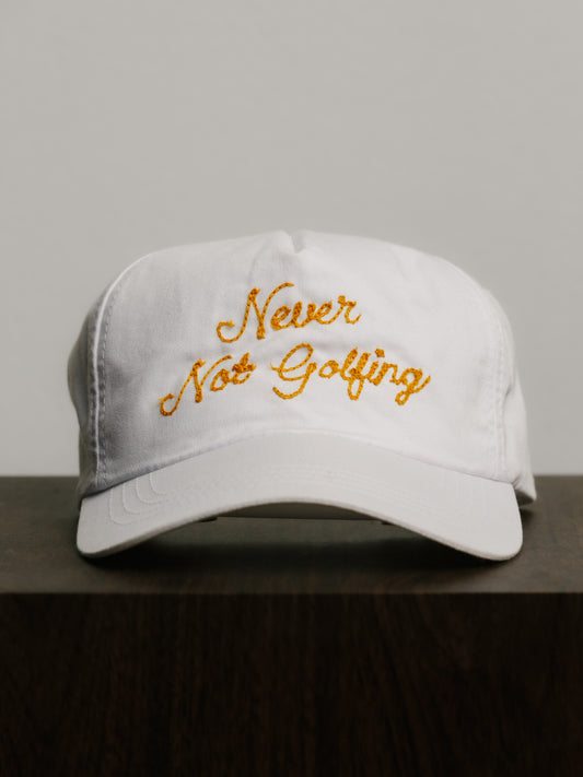 Never Not Golfing Hat — Gold Chainstitch Embroidered 5-Panel