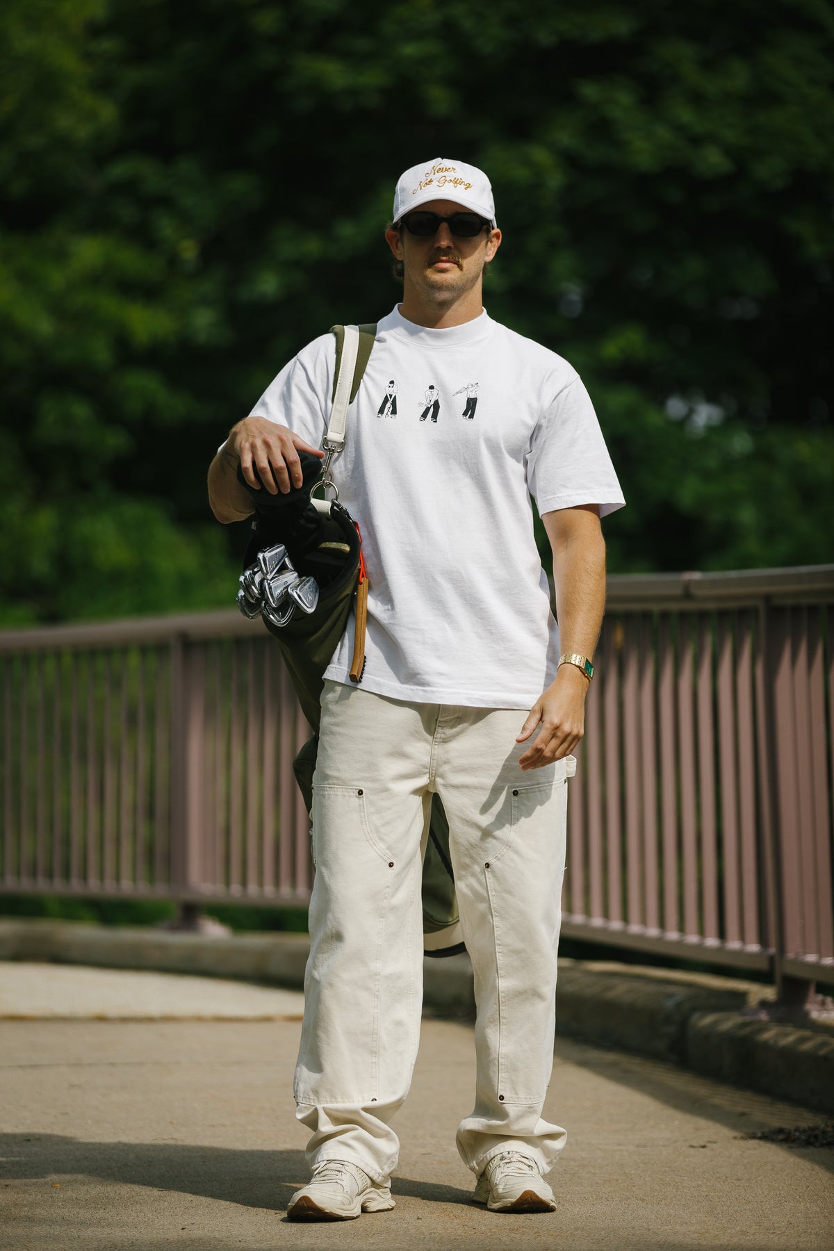Never Not Golfing Hat — Gold Chainstitch Embroidered 5-Panel